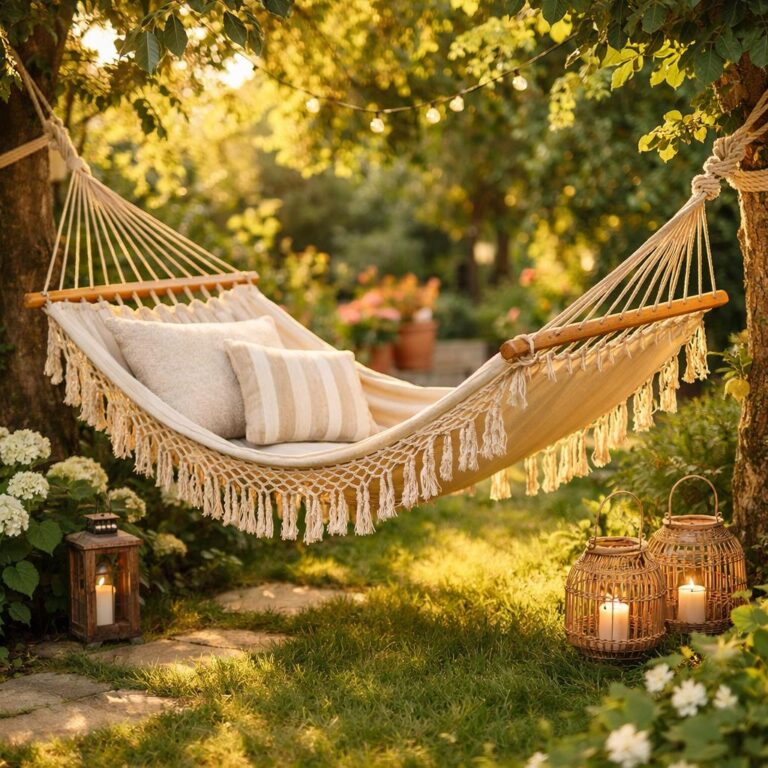 Home Hangmat als centerpiece voor buitenleven en ontspanning in een groene tuin met veel licht en natuur